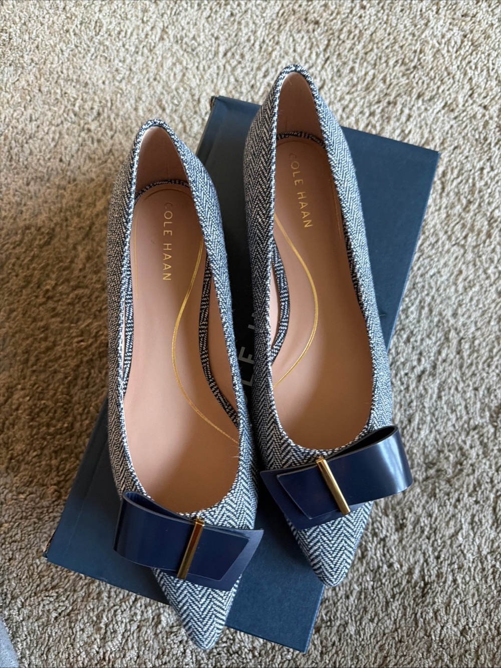 Cole Haan Navy Bow Pointed Flats with Herringbone Upper